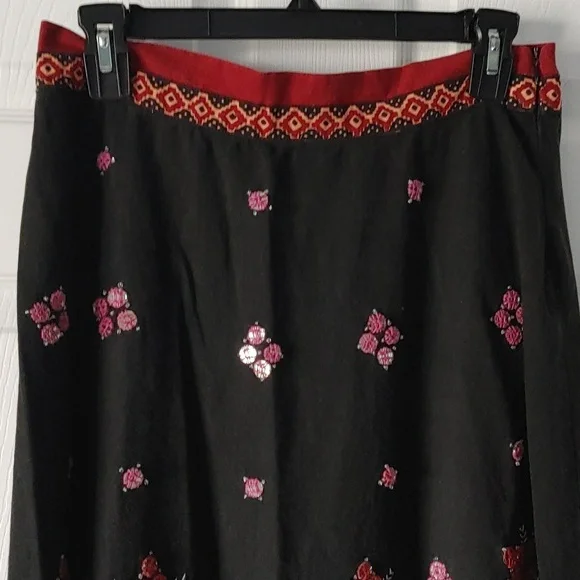 Willi Smith Maxi Skirt Sz 6 Black & Red Indian Sari-Style W/ Embroidered Mirrors - Picture 3 of 11